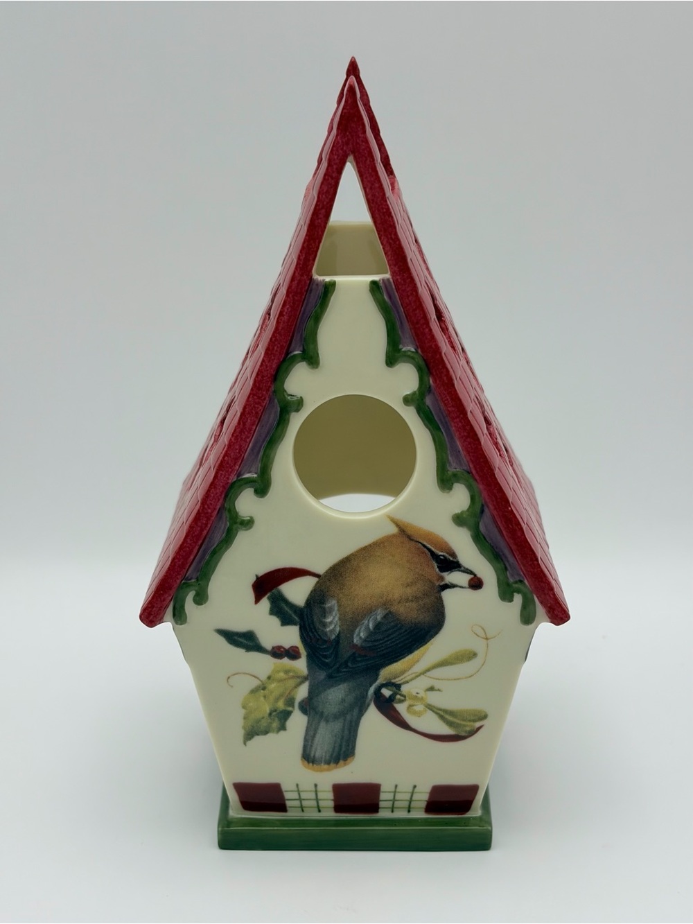 Lenox Winter Greetings Cedar Waxwing Bird Birdhouse Tealight Candle Holder